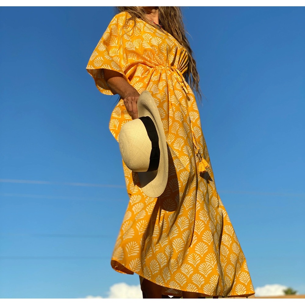 Pax Philomena Limoncello Maxi Kaftan Dress Yellow Cotton Block Print One Size - Picture 6 of 7